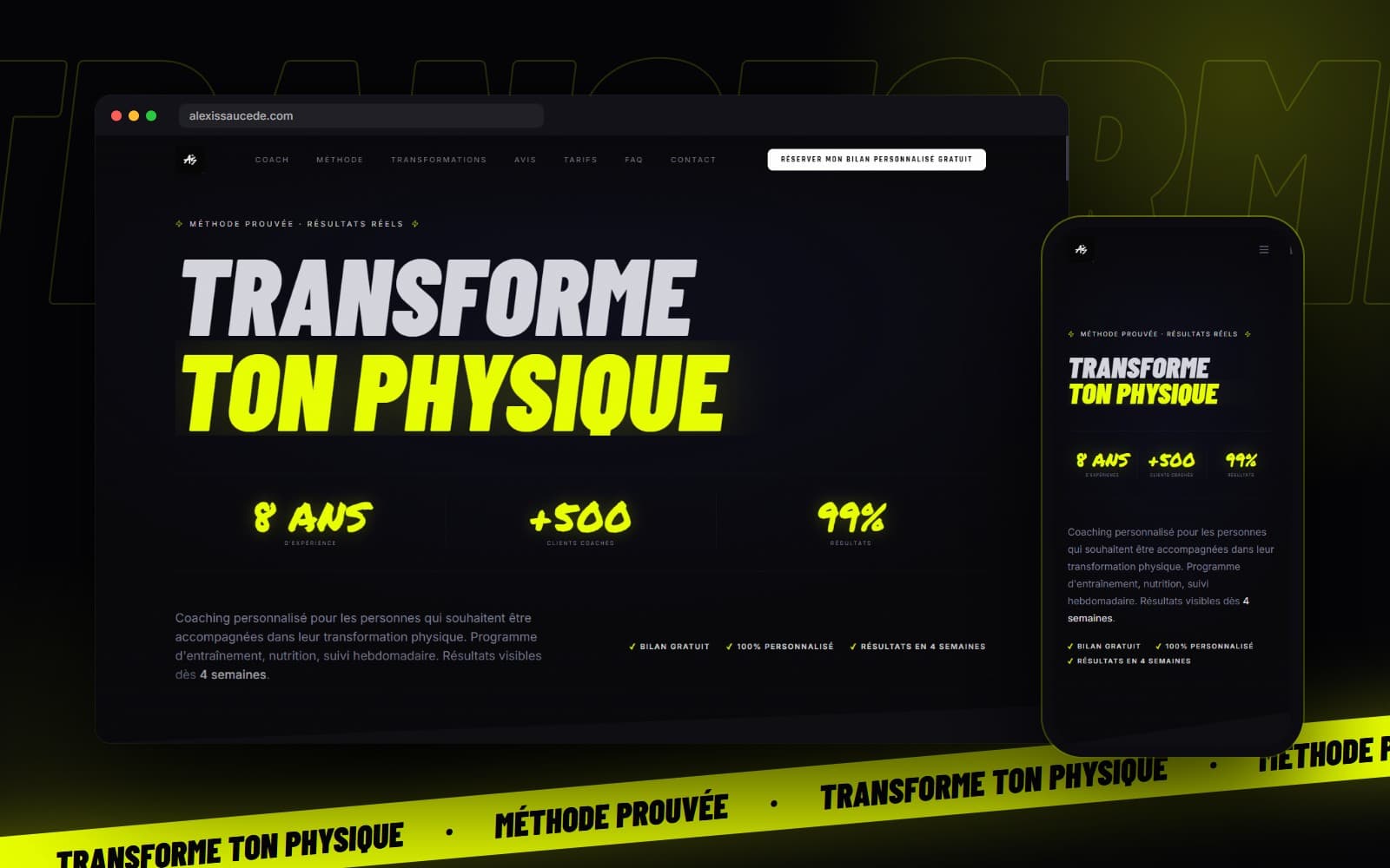 Aperçu du site Alexis Saucede sur ordinateur et sur mobile, fond noir et titre « Transforme ton physique » en jaune fluo